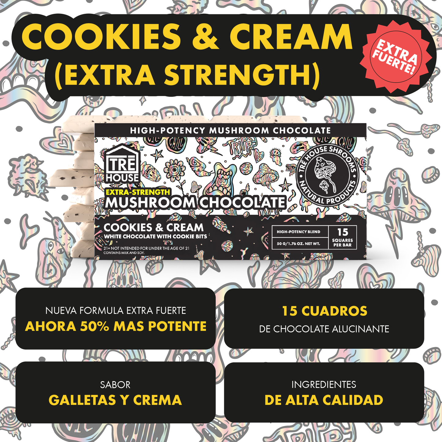 Tre House Chocolate Bar Magic Mushrooms Cookies & Cream Extra Strength